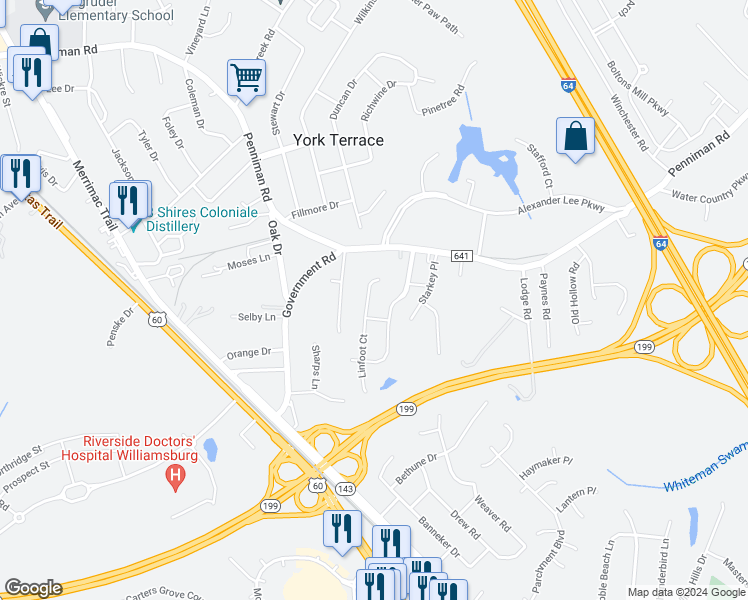 map of restaurants, bars, coffee shops, grocery stores, and more near 104 Cotswold Court in Williamsburg