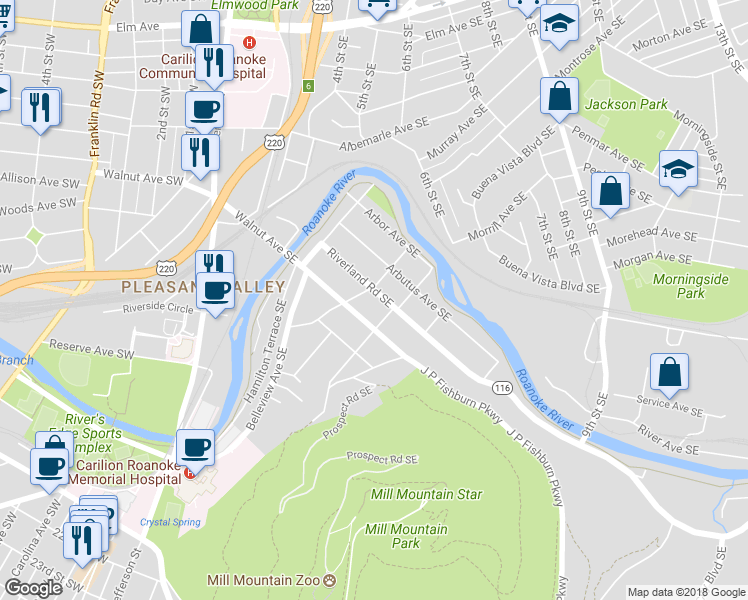 map of restaurants, bars, coffee shops, grocery stores, and more near 509 Riverland Road Southeast in Roanoke
