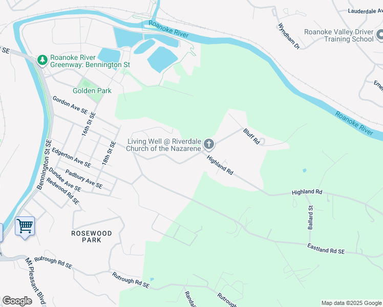 map of restaurants, bars, coffee shops, grocery stores, and more near 2228 Riverdale Road Southeast in Roanoke