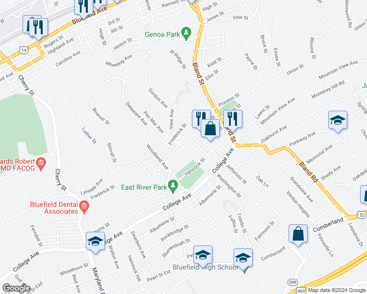 map of restaurants, bars, coffee shops, grocery stores, and more near North Street in Bluefield