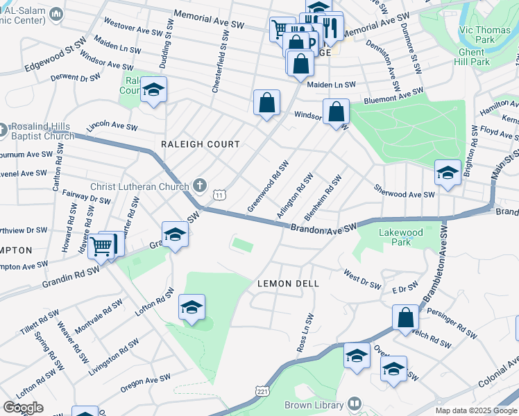 map of restaurants, bars, coffee shops, grocery stores, and more near 1815 Brandon Avenue Southwest in Roanoke