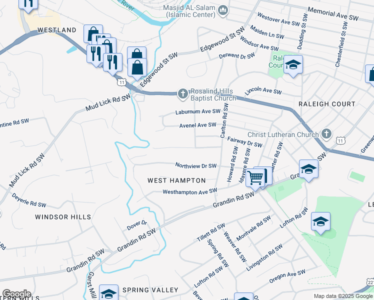 map of restaurants, bars, coffee shops, grocery stores, and more near 2718 Lansing Drive Southwest in Roanoke