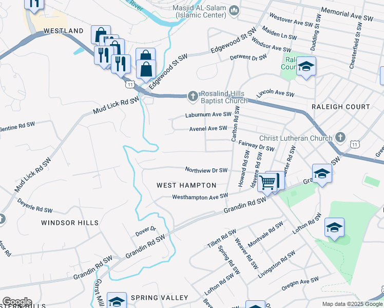 map of restaurants, bars, coffee shops, grocery stores, and more near 2728 Lansing Drive Southwest in Roanoke
