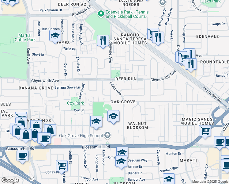 map of restaurants, bars, coffee shops, grocery stores, and more near 5377 Larch Grove Place in San Jose