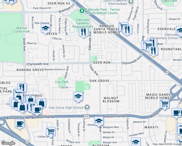 map of restaurants, bars, coffee shops, grocery stores, and more near 5377 Larch Grove Place in San Jose