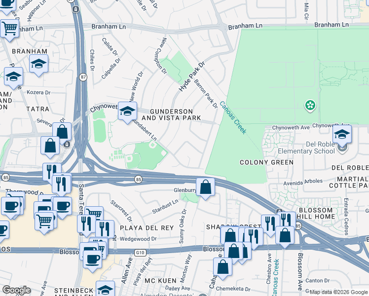 map of restaurants, bars, coffee shops, grocery stores, and more near 5236 Muirhouse Place in San Jose