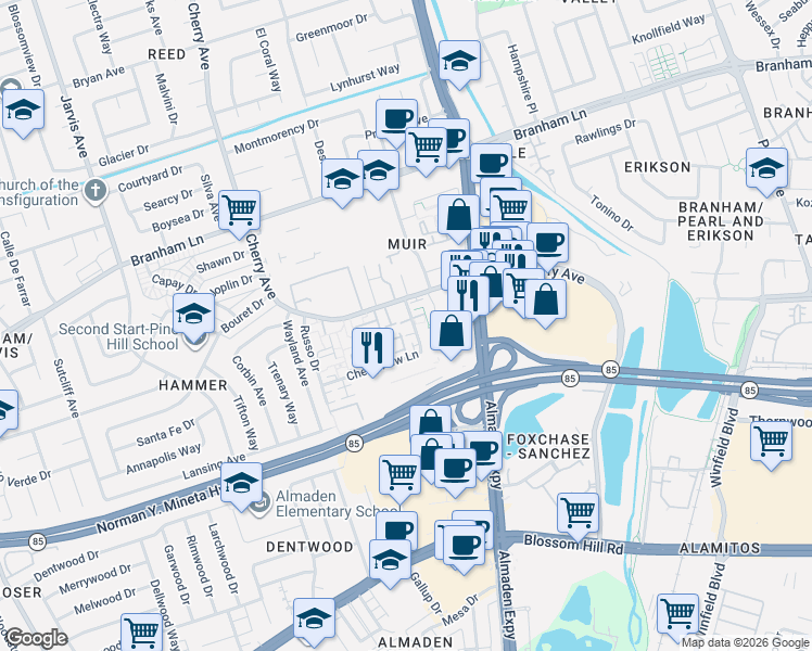 map of restaurants, bars, coffee shops, grocery stores, and more near 1175 Cherryview Lane in San Jose