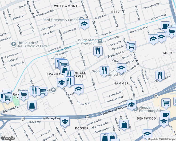 map of restaurants, bars, coffee shops, grocery stores, and more near 4765 Sutcliff Avenue in San Jose