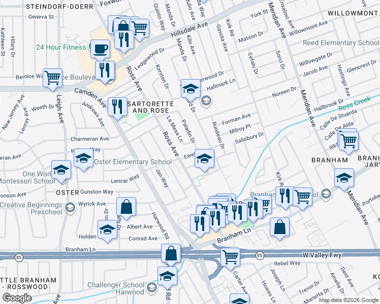 map of restaurants, bars, coffee shops, grocery stores, and more near 1732 Ewer Drive in San Jose