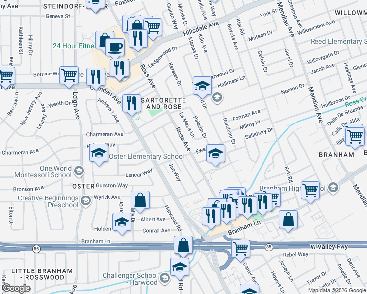 map of restaurants, bars, coffee shops, grocery stores, and more near 4191 Ross Avenue in San Jose