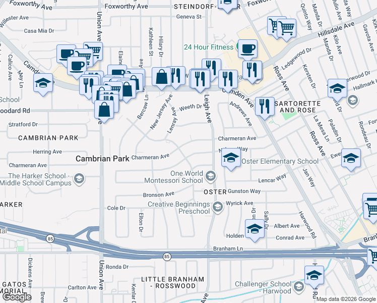 map of restaurants, bars, coffee shops, grocery stores, and more near 14619 Nelson Way in San Jose