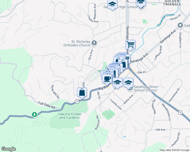map of restaurants, bars, coffee shops, grocery stores, and more near 20812 4th Street in Saratoga