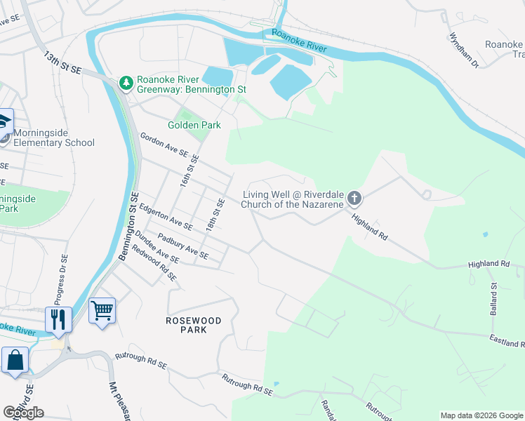 map of restaurants, bars, coffee shops, grocery stores, and more near 2021-2041 Riverdale Rd SE in Roanoke