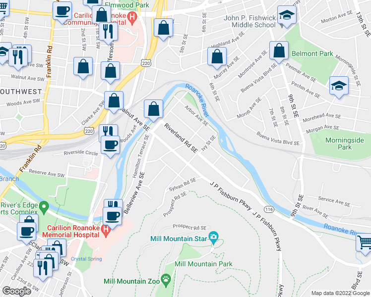map of restaurants, bars, coffee shops, grocery stores, and more near 522 Walnut Avenue Southeast in Roanoke