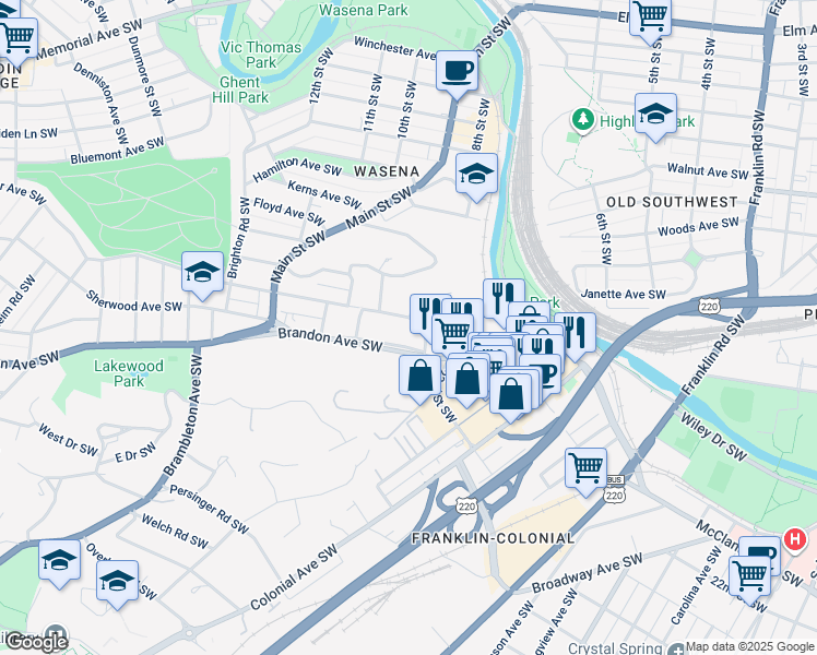 map of restaurants, bars, coffee shops, grocery stores, and more near 719 Brandon Avenue Southwest in Roanoke
