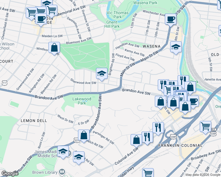 map of restaurants, bars, coffee shops, grocery stores, and more near 958-1068 Brandon Ave SW in Roanoke