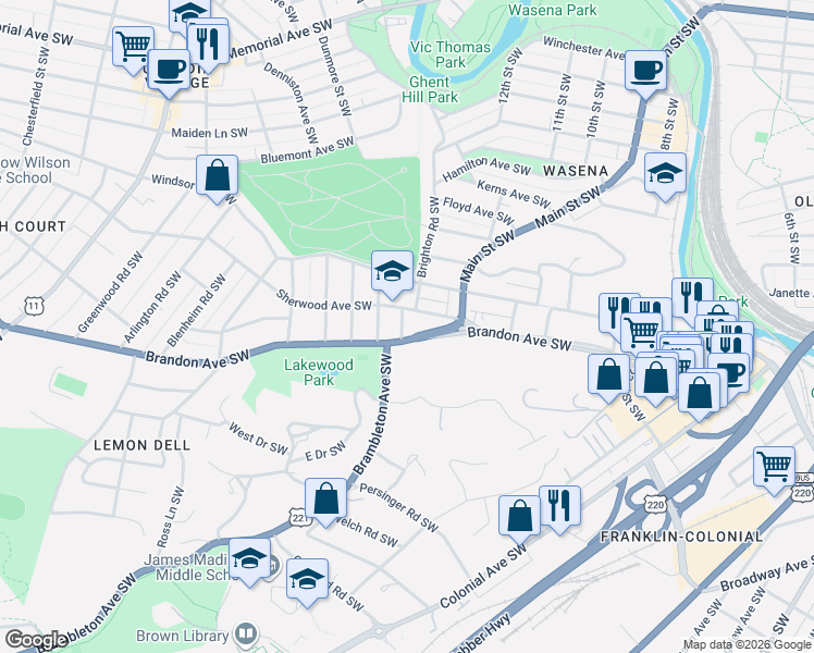 map of restaurants, bars, coffee shops, grocery stores, and more near 1102 Brandon Avenue Southwest in Roanoke