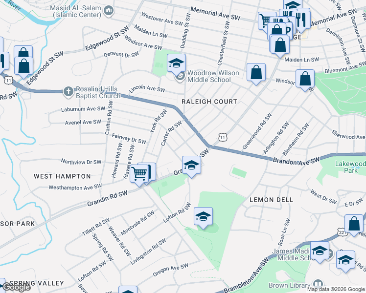 map of restaurants, bars, coffee shops, grocery stores, and more near 2025 Avenel Avenue Southwest in Roanoke