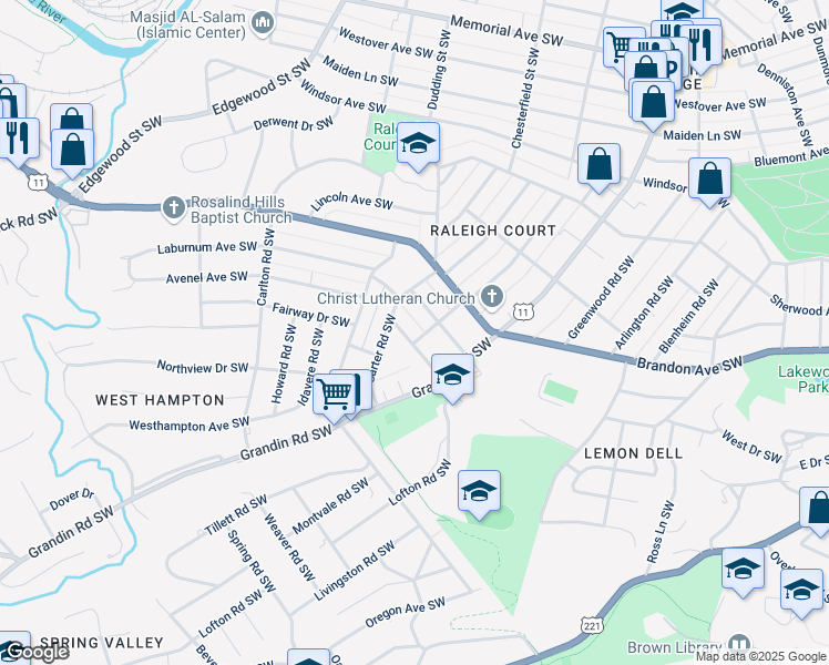 map of restaurants, bars, coffee shops, grocery stores, and more near 2106 Avenel Ave SW in Roanoke