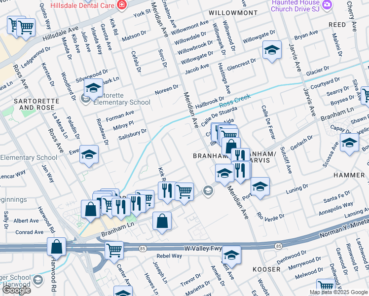 map of restaurants, bars, coffee shops, grocery stores, and more near 1646 Corte De Medea in San Jose
