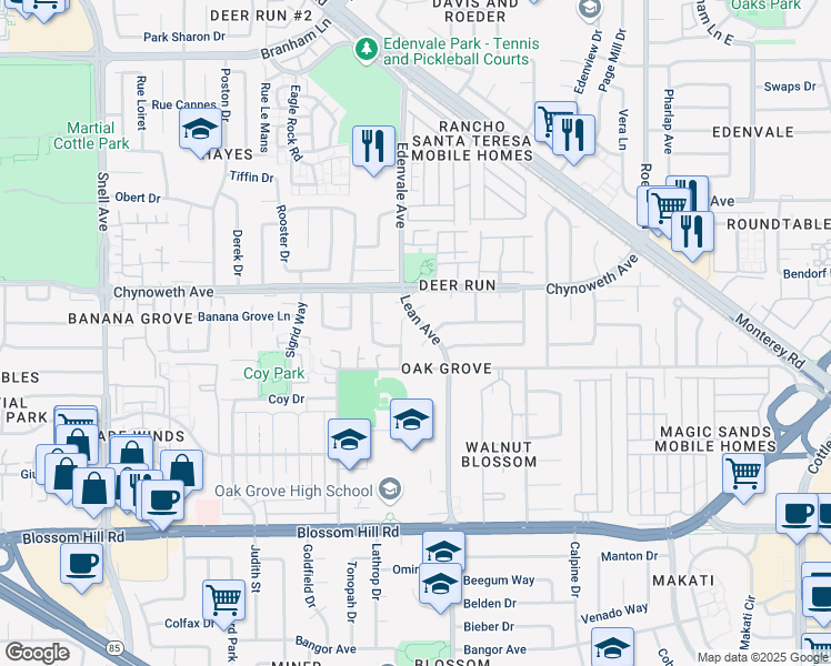 map of restaurants, bars, coffee shops, grocery stores, and more near 5377 Larch Grove Place in San Jose