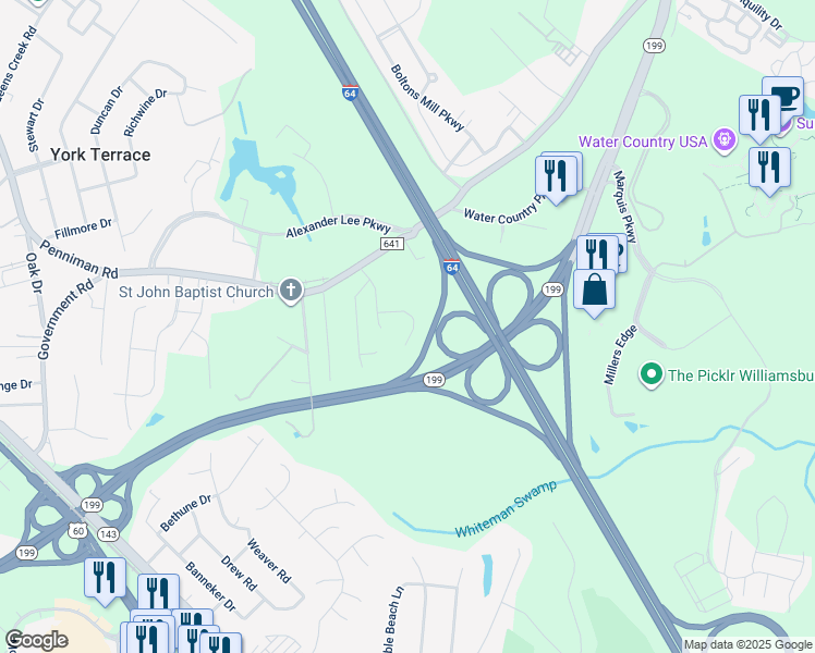 map of restaurants, bars, coffee shops, grocery stores, and more near 309 High Point Road in Williamsburg