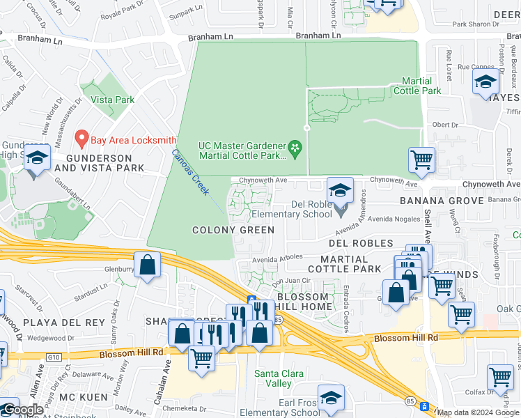map of restaurants, bars, coffee shops, grocery stores, and more near 5395 Colony Green Drive in San Jose
