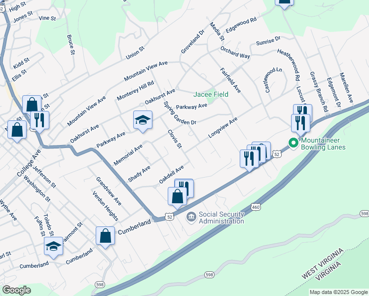 map of restaurants, bars, coffee shops, grocery stores, and more near 2633 Clovis Street in Bluefield