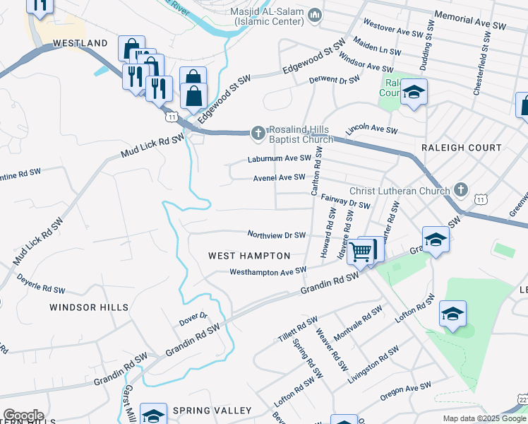map of restaurants, bars, coffee shops, grocery stores, and more near 2718 Lansing Drive Southwest in Roanoke