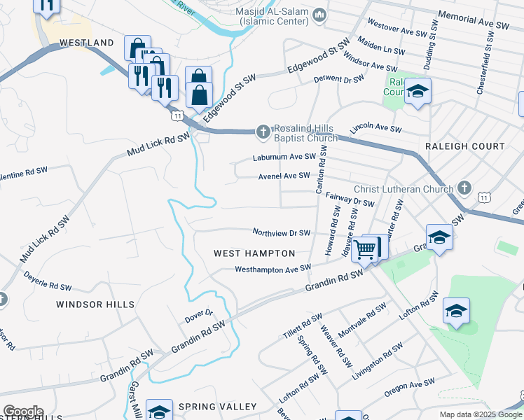 map of restaurants, bars, coffee shops, grocery stores, and more near 2728 Lansing Drive Southwest in Roanoke