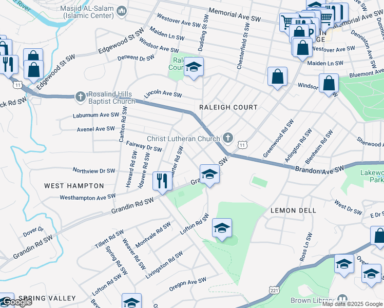 map of restaurants, bars, coffee shops, grocery stores, and more near 2106 Avenel Ave SW in Roanoke