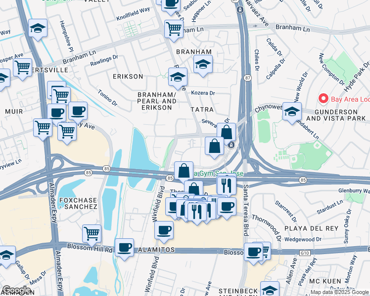 map of restaurants, bars, coffee shops, grocery stores, and more near 5225 Terner Way in San Jose