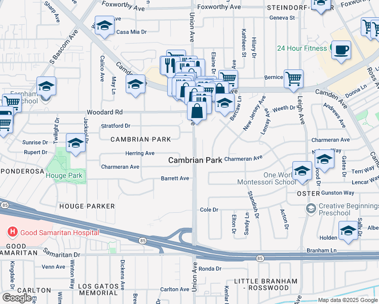 map of restaurants, bars, coffee shops, grocery stores, and more near 14529 Union Avenue in San Jose