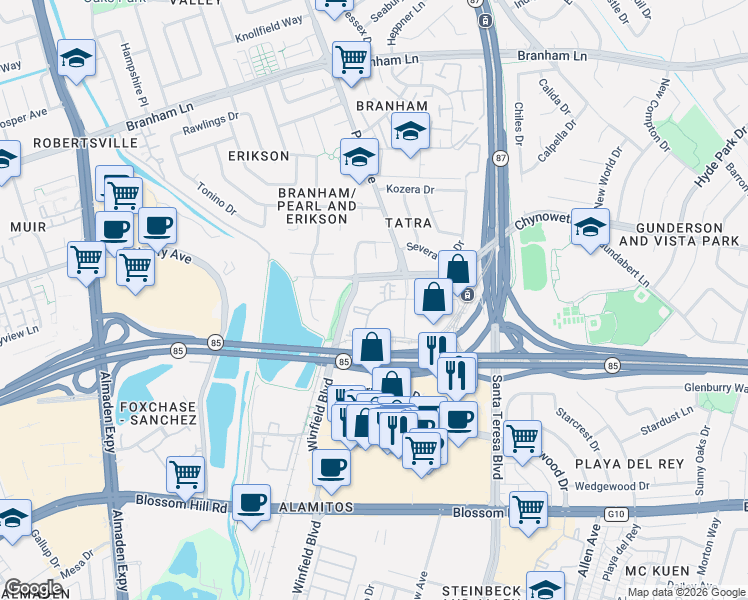 map of restaurants, bars, coffee shops, grocery stores, and more near 5225 Terner Way in San Jose