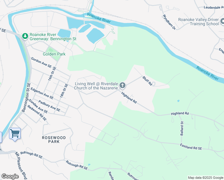 map of restaurants, bars, coffee shops, grocery stores, and more near 2228 Riverdale Road Southeast in Roanoke