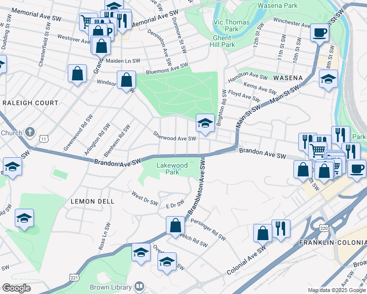 map of restaurants, bars, coffee shops, grocery stores, and more near 1928 Warrington Road Southwest in Roanoke