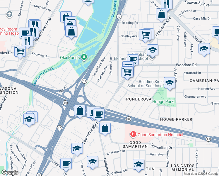 map of restaurants, bars, coffee shops, grocery stores, and more near 16129 Loretta Lane in Los Gatos