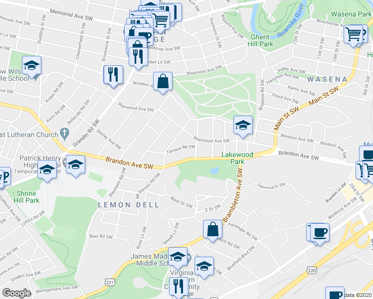 map of restaurants, bars, coffee shops, grocery stores, and more near 1520 Terrace Road Southwest in Roanoke
