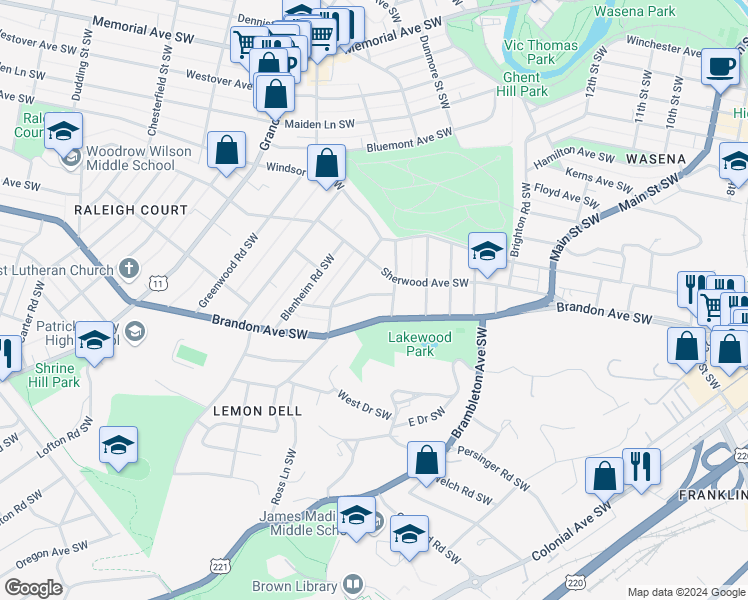 map of restaurants, bars, coffee shops, grocery stores, and more near 1520 Terrace Road Southwest in Roanoke