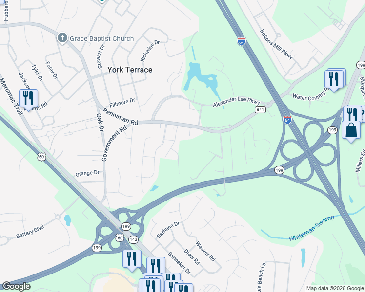 map of restaurants, bars, coffee shops, grocery stores, and more near 1339 Penniman Road in Williamsburg