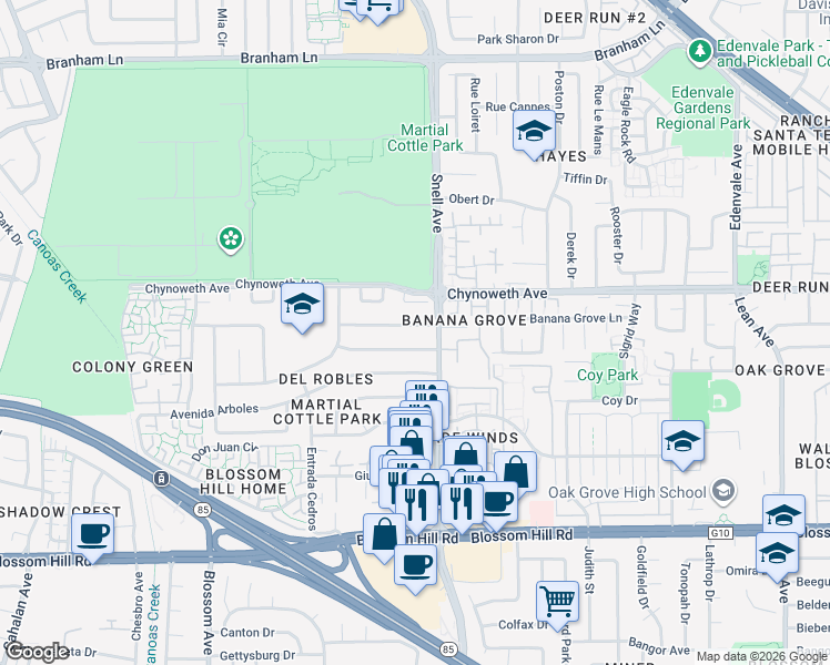 map of restaurants, bars, coffee shops, grocery stores, and more near 314 Avenida Nogales in San Jose