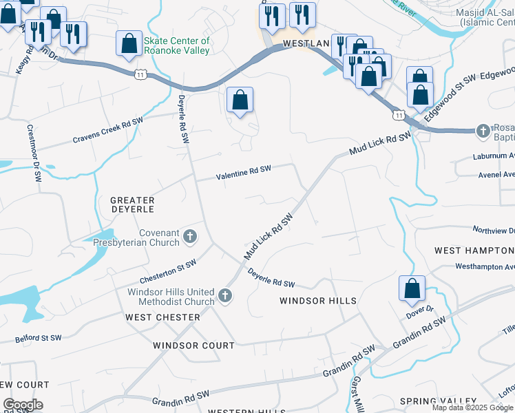 map of restaurants, bars, coffee shops, grocery stores, and more near 3523 Mudlick Road Southwest in Roanoke