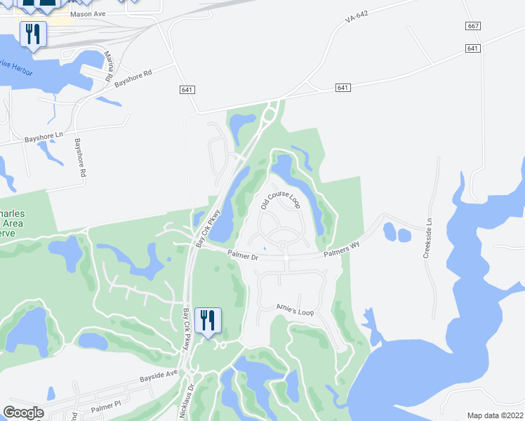 map of restaurants, bars, coffee shops, grocery stores, and more near Old Course Loop in Cape Charles