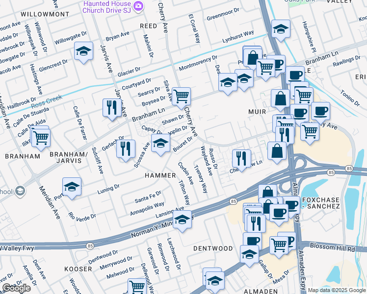 map of restaurants, bars, coffee shops, grocery stores, and more near 4961 Corbin Avenue in San Jose
