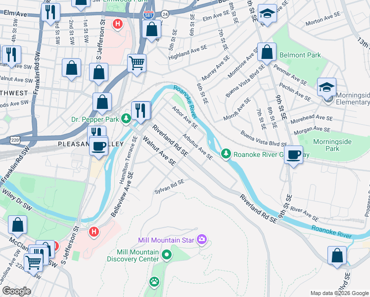 map of restaurants, bars, coffee shops, grocery stores, and more near 602 Virginia 116 in Roanoke