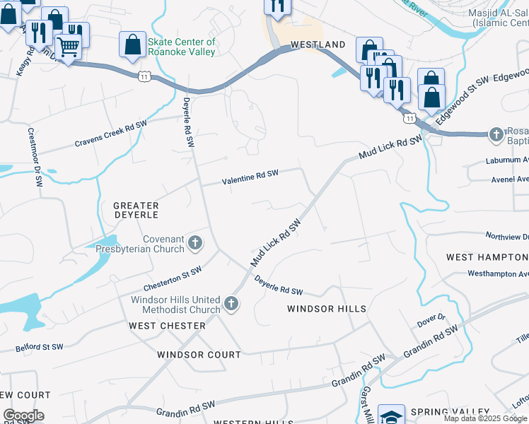 map of restaurants, bars, coffee shops, grocery stores, and more near 3523 Mudlick Road Southwest in Roanoke