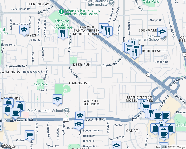 map of restaurants, bars, coffee shops, grocery stores, and more near 94 Cherry Blossom Drive in San Jose