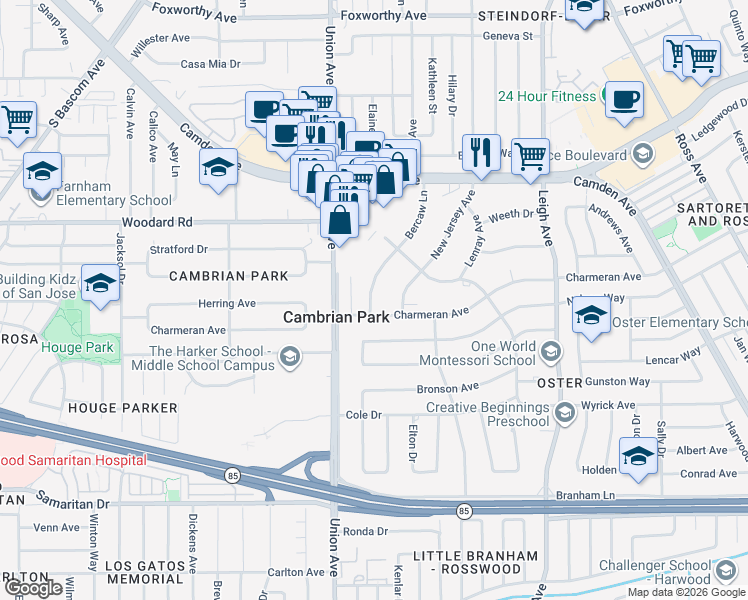 map of restaurants, bars, coffee shops, grocery stores, and more near 14856 Charmeran Avenue in San Jose