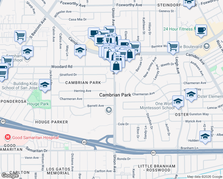 map of restaurants, bars, coffee shops, grocery stores, and more near 14529 Union Avenue in San Jose