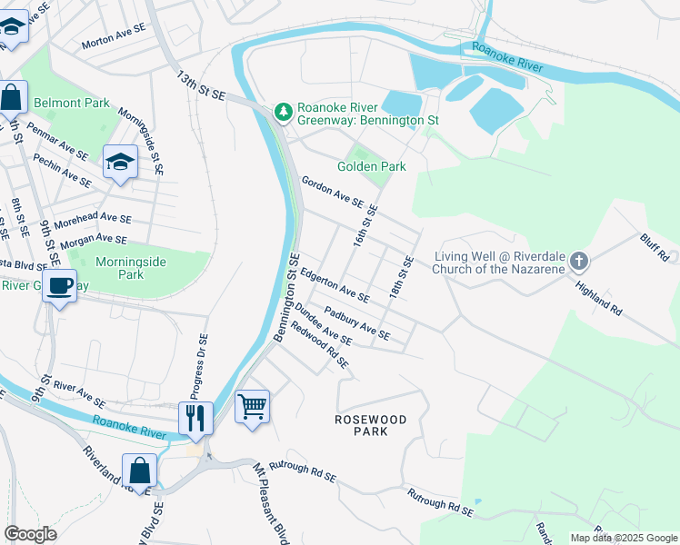 map of restaurants, bars, coffee shops, grocery stores, and more near 1747 16th Street Southeast in Roanoke